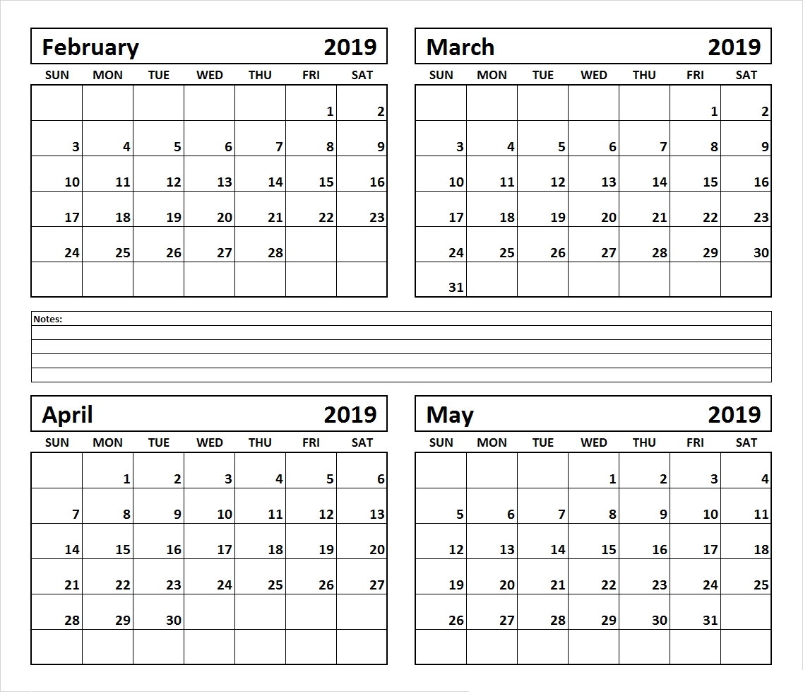 4 Month February March April May 2019 Calendar #march #april-4 Month Calendar Template