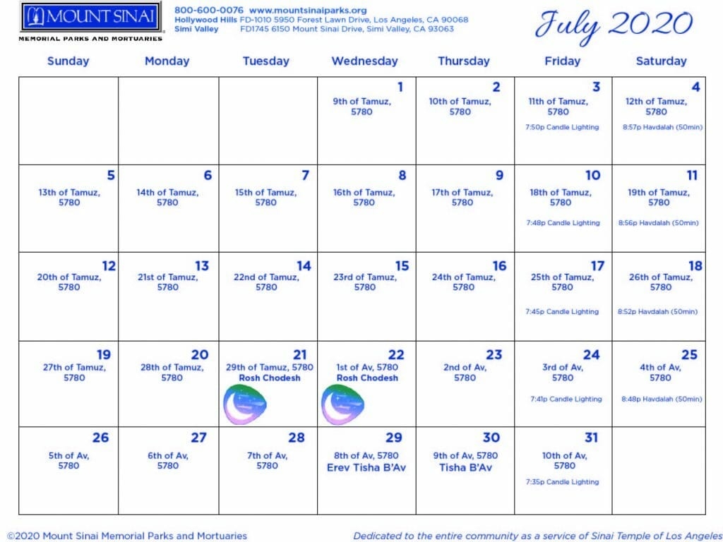 5780 Hebrew Calendar - Mount Sinai Memorial Parks And Mortuaries-Jewish Holidays In 2020