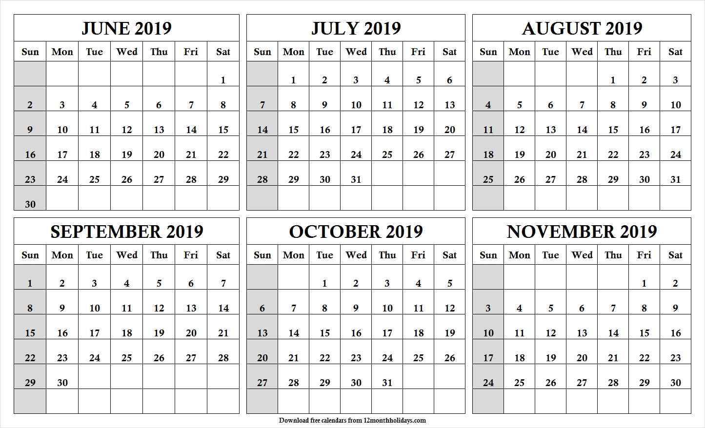 6 Month Calendar June To November 2019 Template | Cute Month-Blank Calendar 6 Months