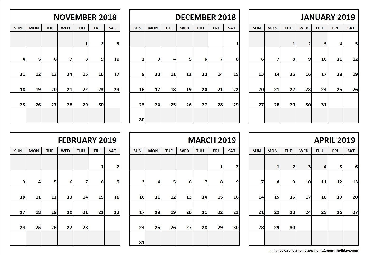 6 Month Calendar November 2018 To April 2019-Blank Six Month Calendar Printable