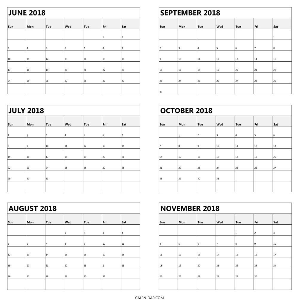 6 Monthly Calendar 2018 June To November Template | Calendar-Blank 6-Month Calendar Template