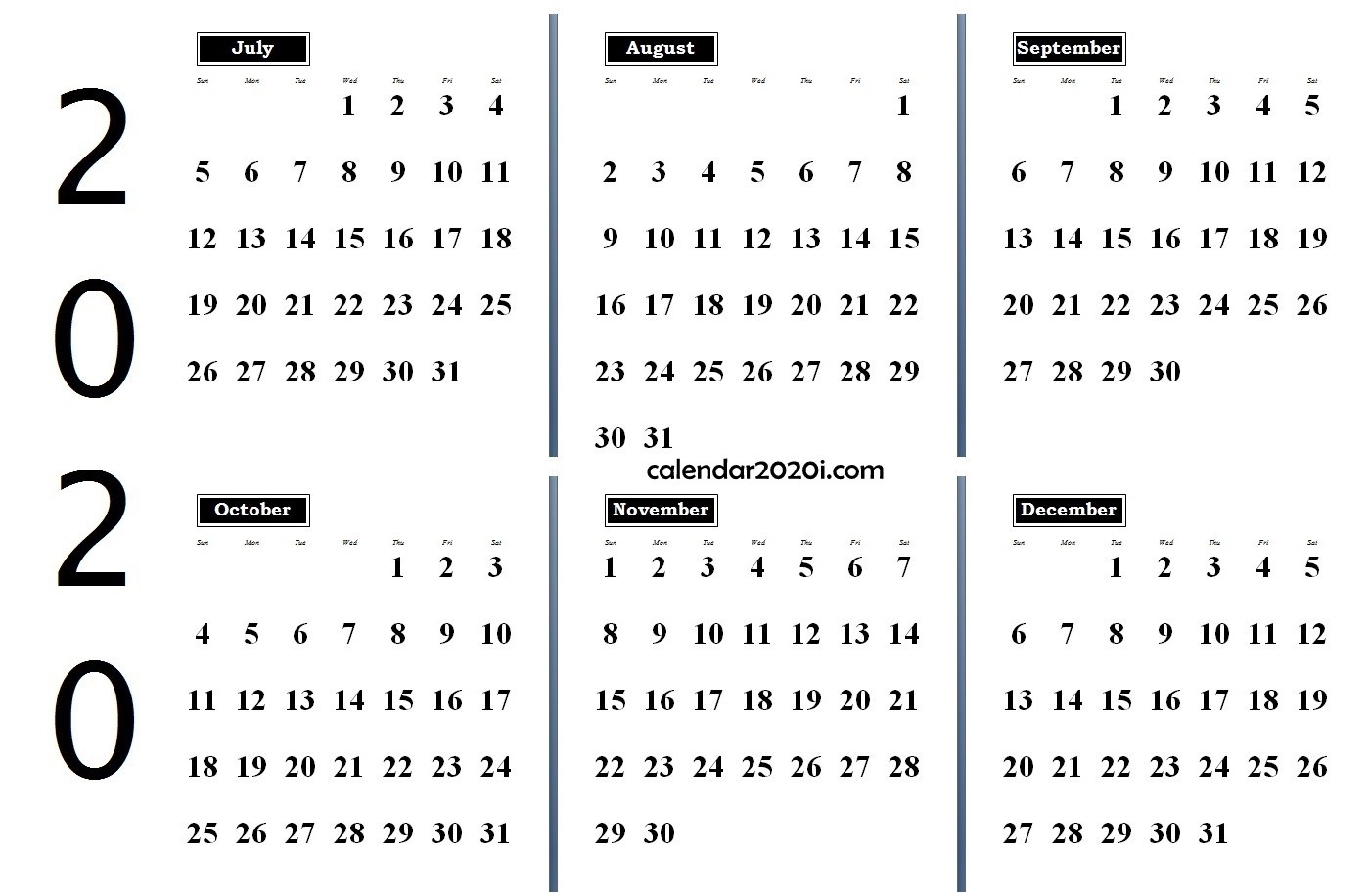 6 Months 2020 Half Year Printable Calendar | Calendar 2020-6 Months On One Page Template