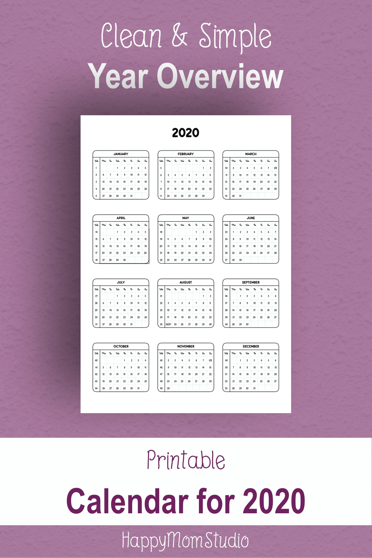 Afdrukbare Jaar Overzicht Planner 2020 - Jaarlijkse Kalender-Week Planner Template Met Week Nummers