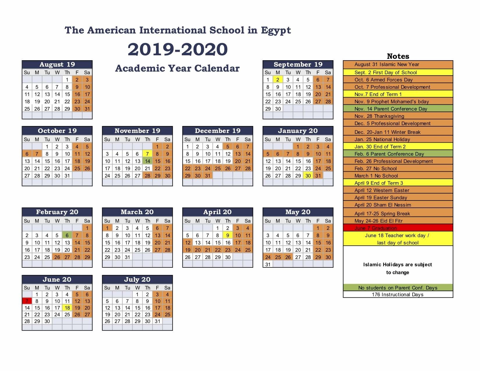 American International School Of Egypt: School Calendar-America School Holidays 2020 Calendar