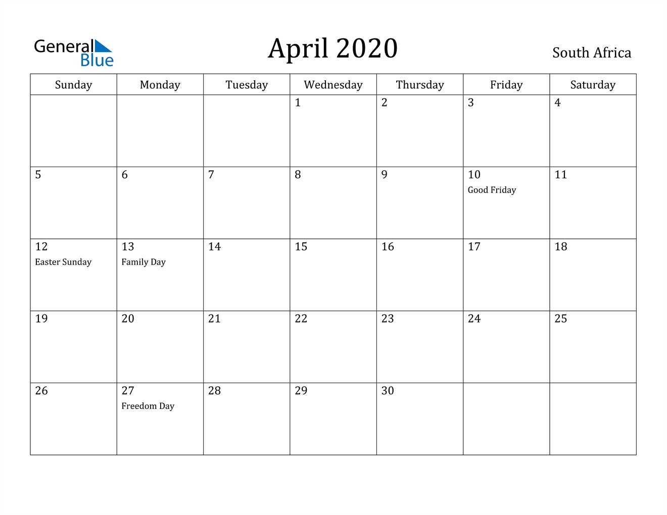 April Holidays 2020 In South Africa Calendar Template Printable