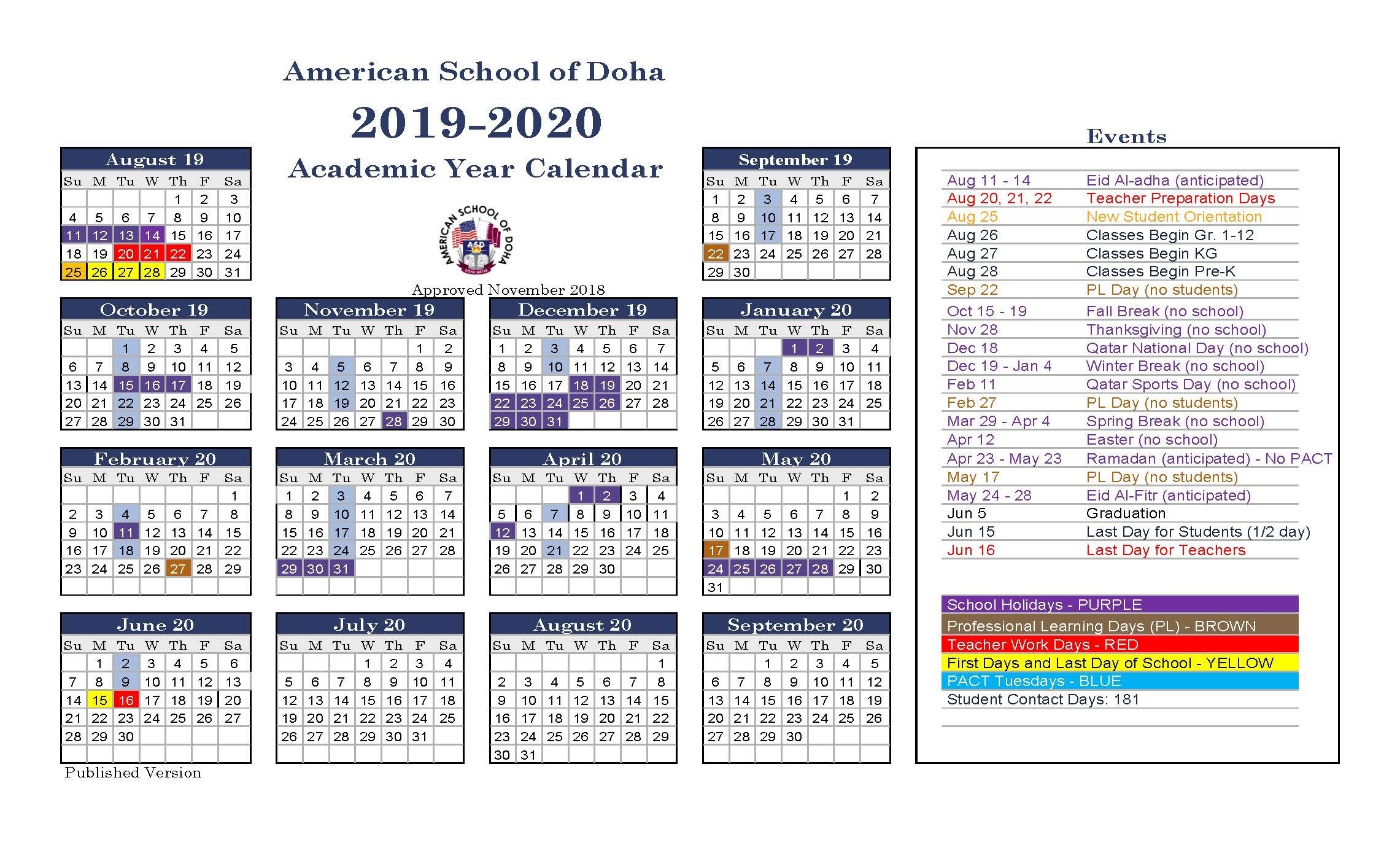 Asd Calendar 2019-2020 - American School Of Doha-America School Holidays 2020 Calendar