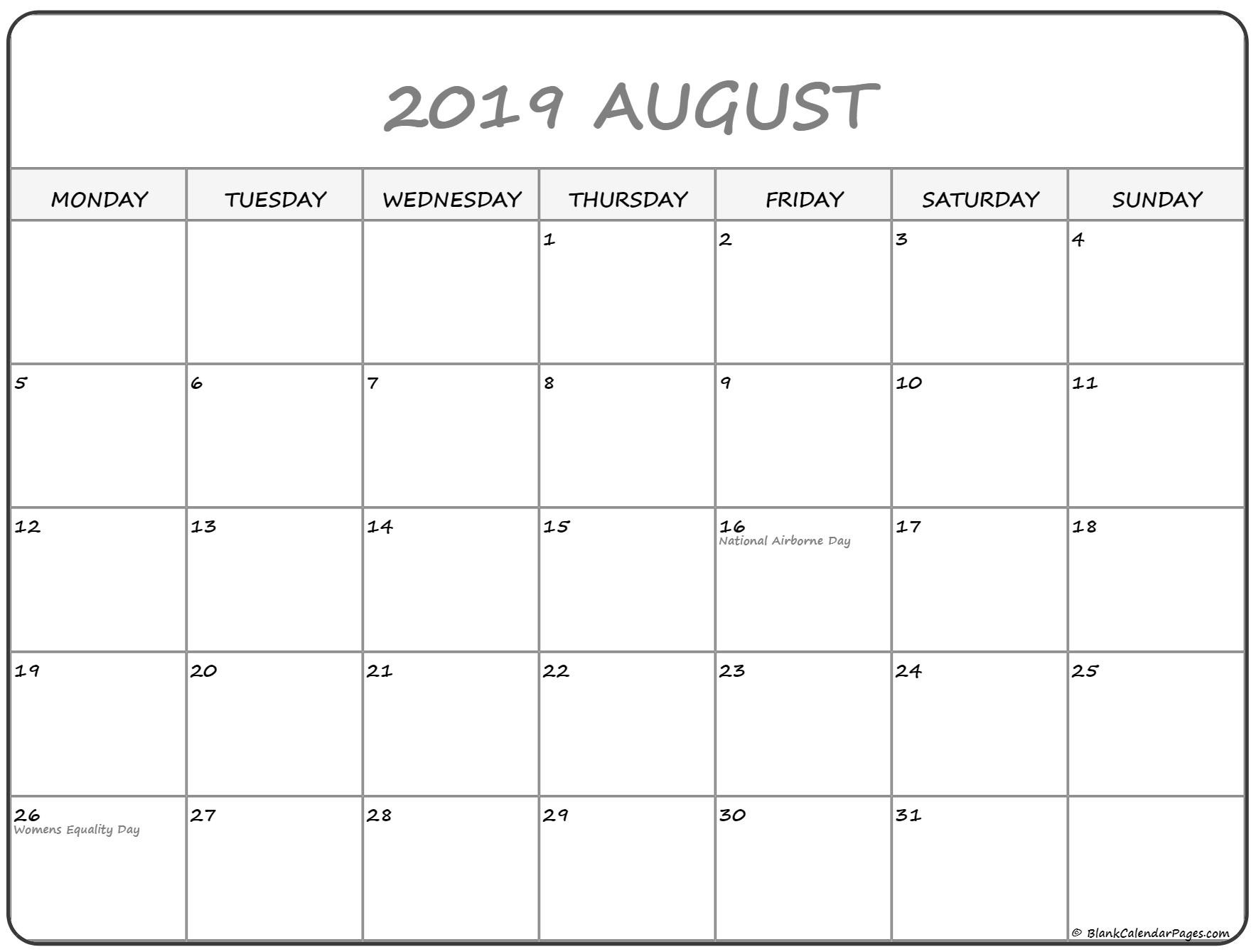 August 2019 Monday Calendar | Monday To Sunday-Monday To Sunday Monthly Planners
