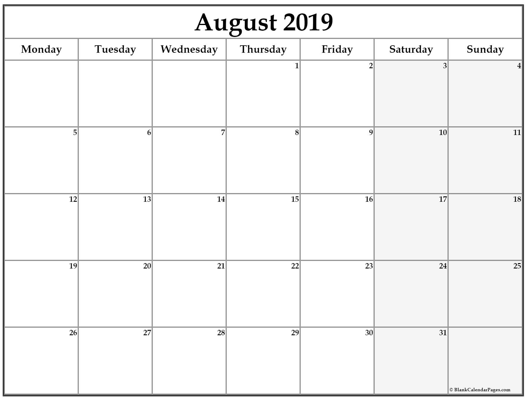 August 2019 Monday Calendar | Monday To Sunday-Monday To Sunday Monthly Planners