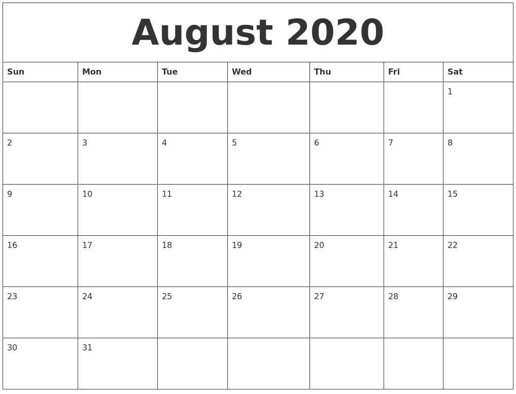 August 2020 Monthly Calendar To Print-Printable Blank Monthly Calendar 2020 August
