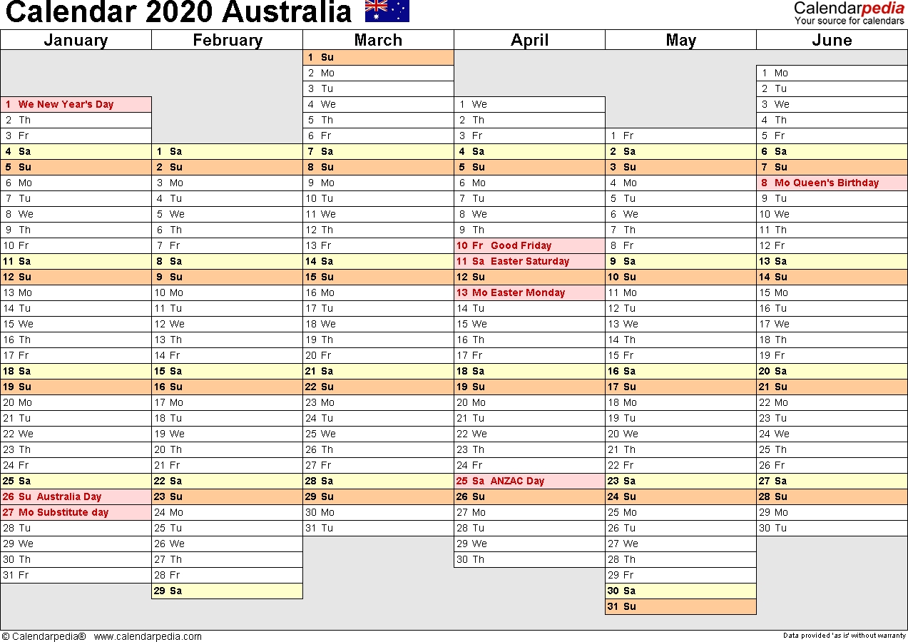 Australia Calendar 2020 - Free Printable Word Templates-Calendar Templates 3Months Per Page