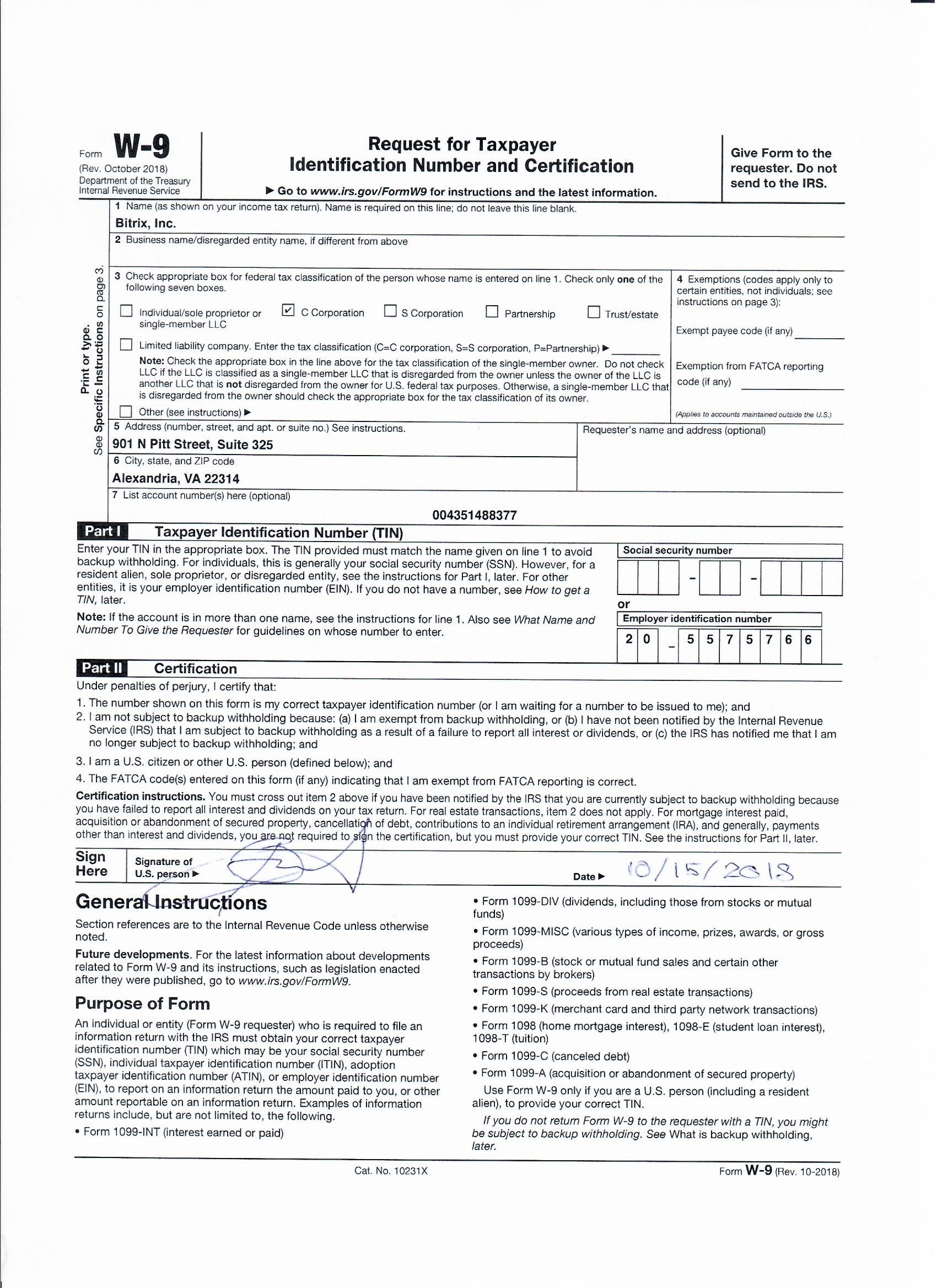 Bitrix, Inc. W9 Form-Blank W 9 To Print