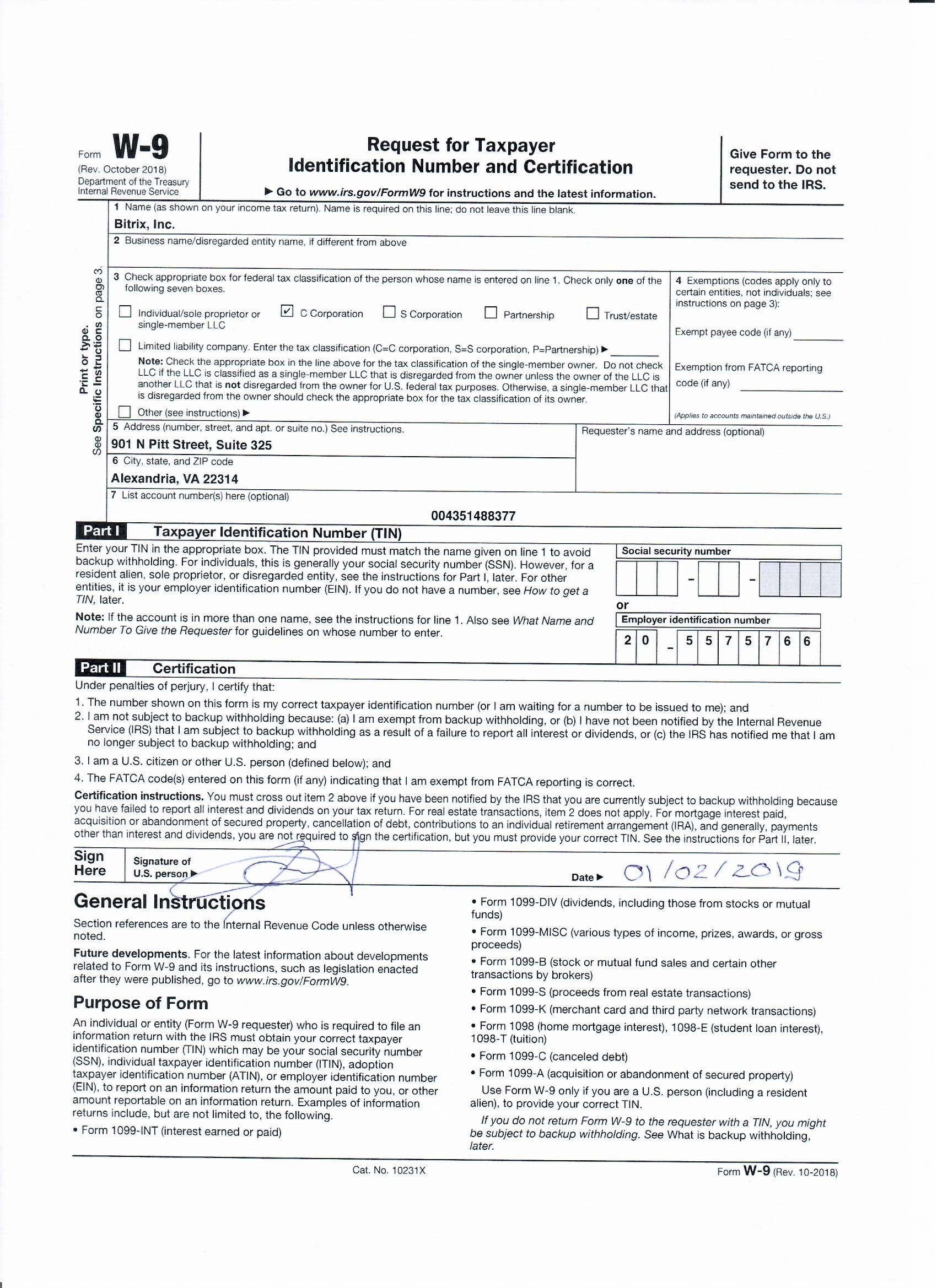 Bitrix, Inc. W9 Form-Looking For A Blank W-9 Form