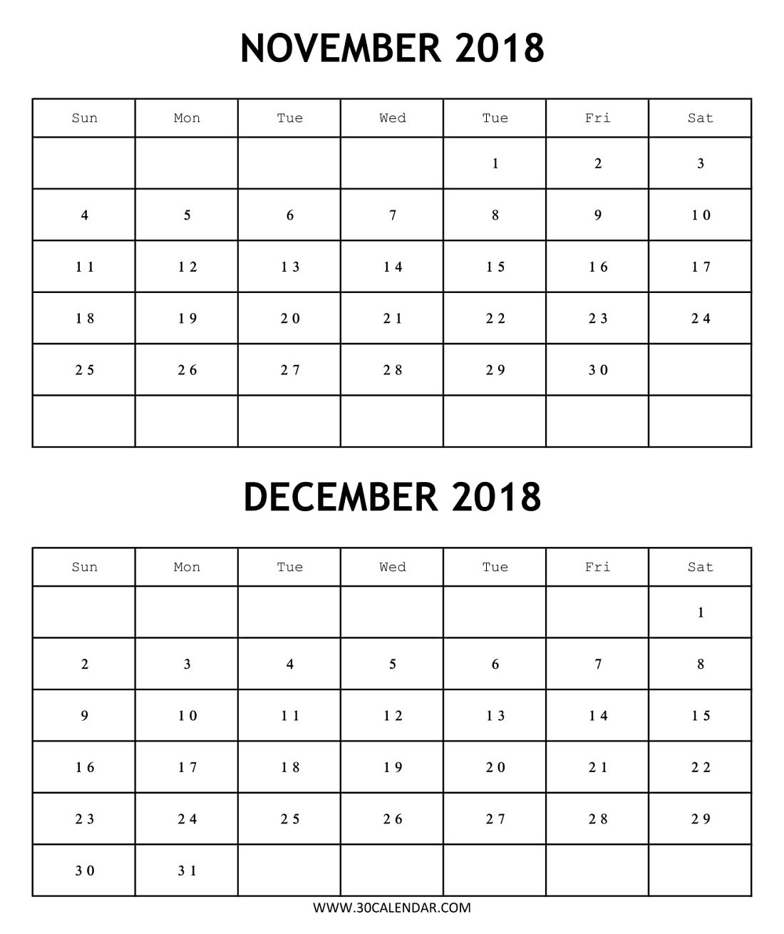 Blank 2018 Calendar November December Template | 2 Month-Blank Printable 2 Month Calendar