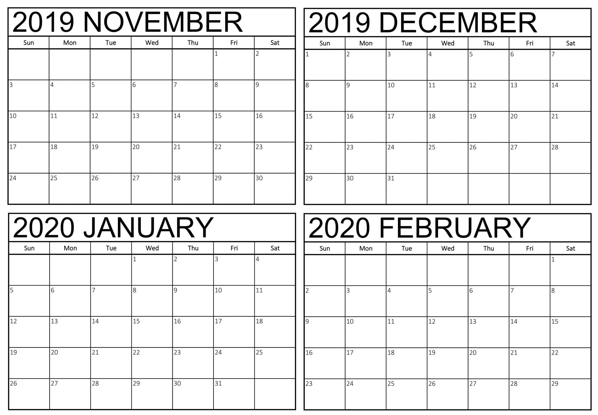 Blank November 2019 To February 2020 Calendar - 2019-4 Month Calendar 2020 Template