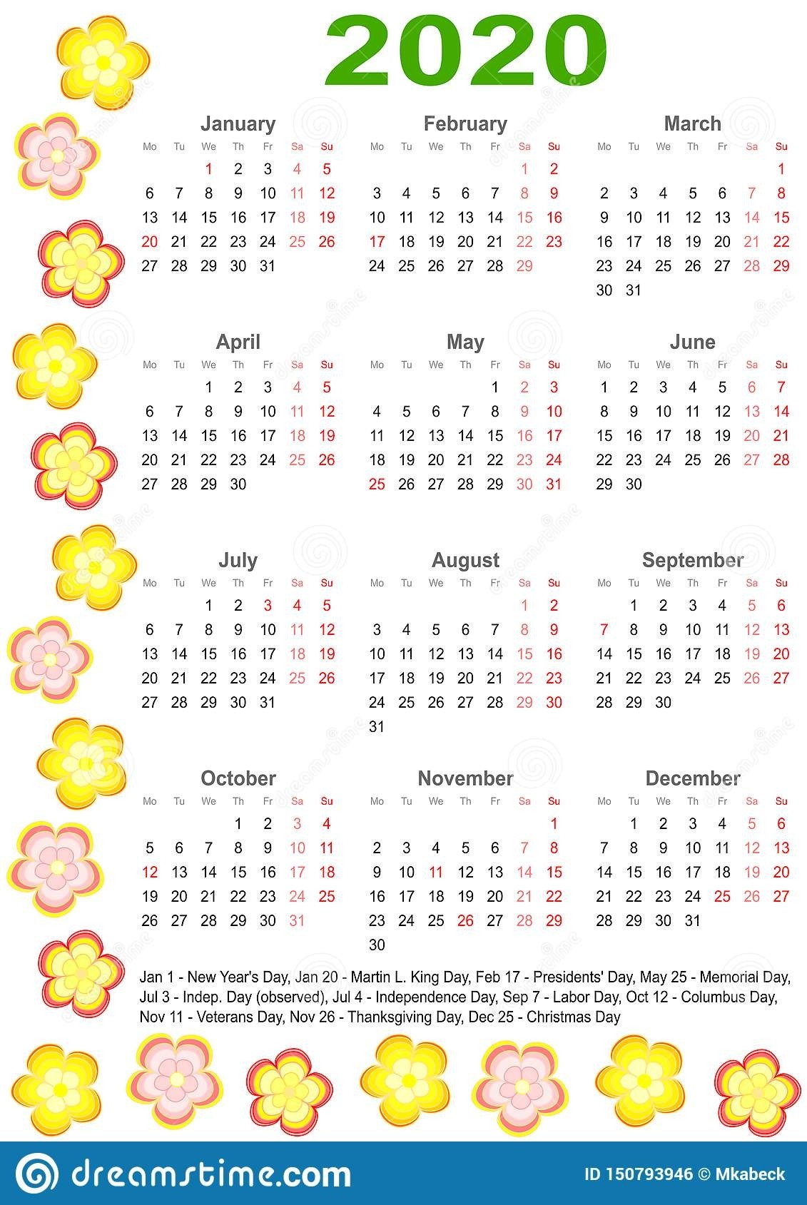 Calendar 2020 For Usa With Colorful Flowers Stock Vector-2020 Calendar With Usa Legal Holidays