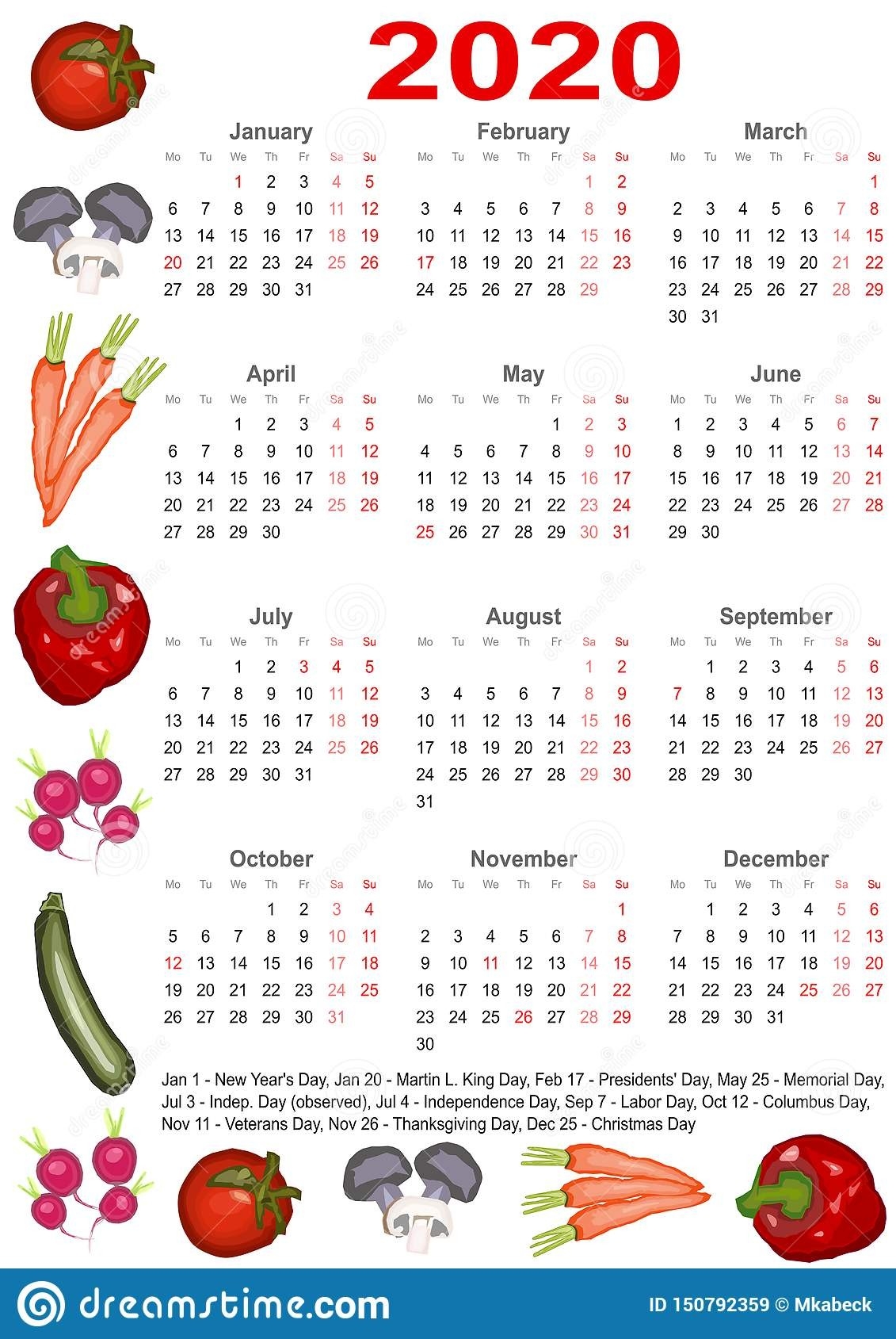 Calendar 2020 For Usa With Various Vegetables Stock Vector-2020 Food Holidays List