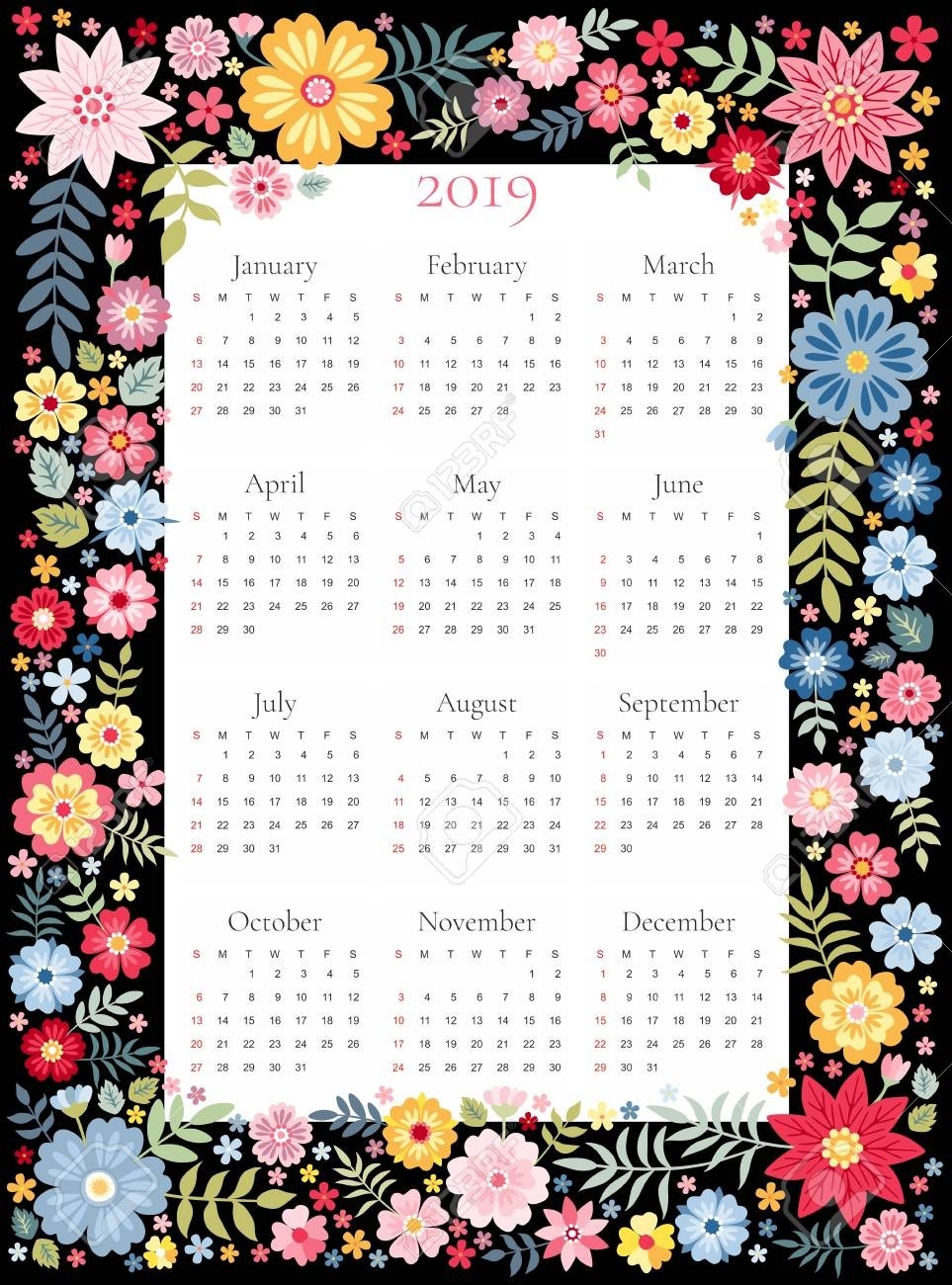 Calendar For 2019 Year. Vector Template In Floral Frame With..-Template For Calendars With Flowers