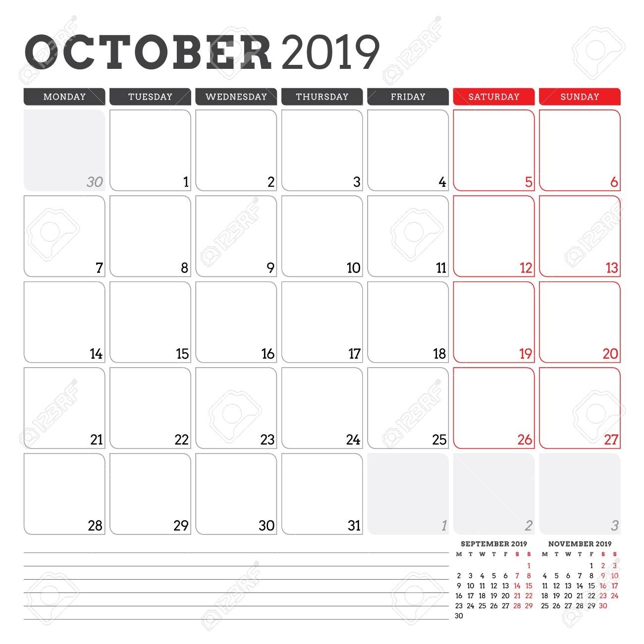 Calendar Planner For October 2019. Week Starts On Monday. Printable..-Monday Start Calendar Template