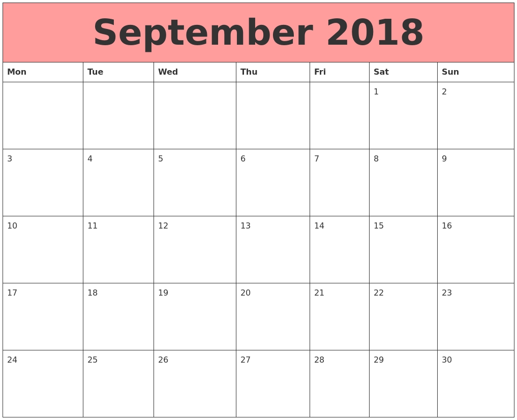 Calendar September 2018 Monday Start | Free Printable-Monday Start Calendar Template