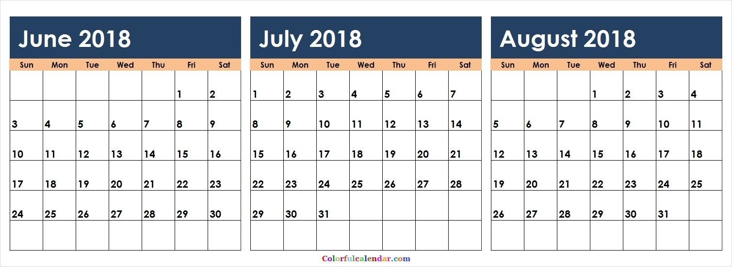Cute June July August 2018 Calendar Colorful | Calendar June-July To August Monthly Calendar