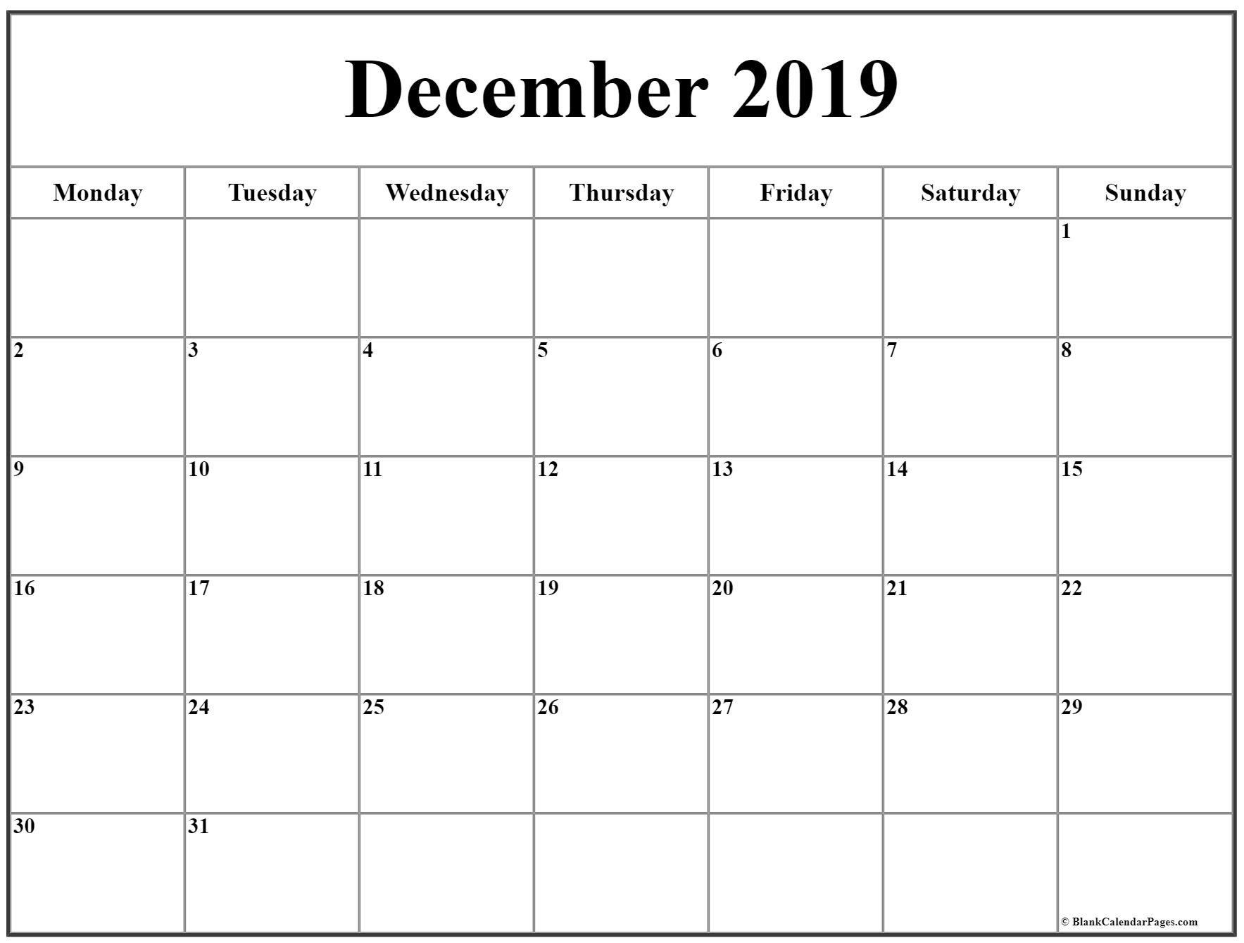 December 2019 Monday Calendar | Monday To Sunday-Monday Start Calendar Template