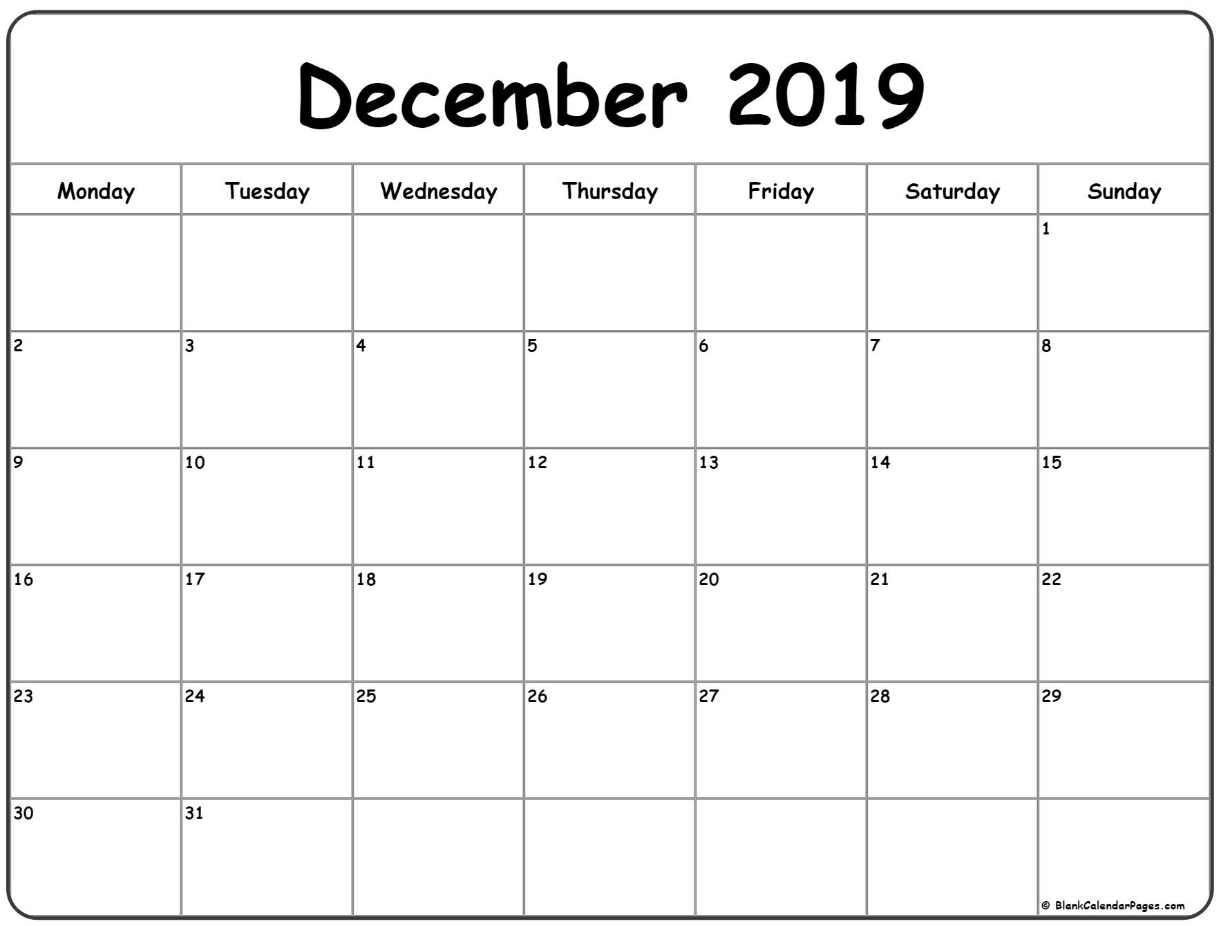 December 2019 Monday Calendar | Monday To Sunday-Monday Start Calendar Template