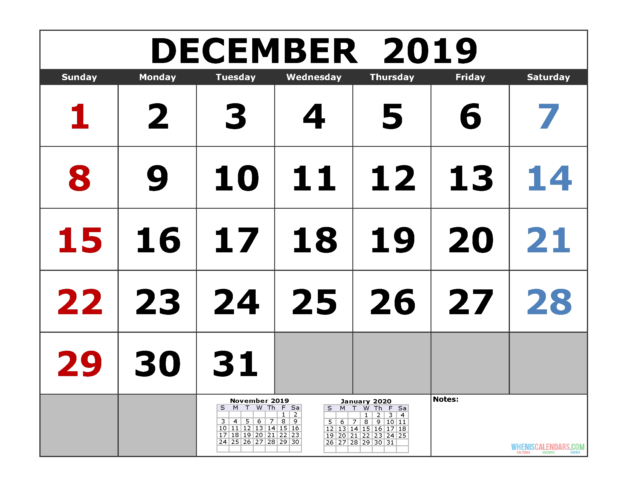 December 2019 Printable Calendar Template (3 Month Calendar-2 Monthly Printable Calender