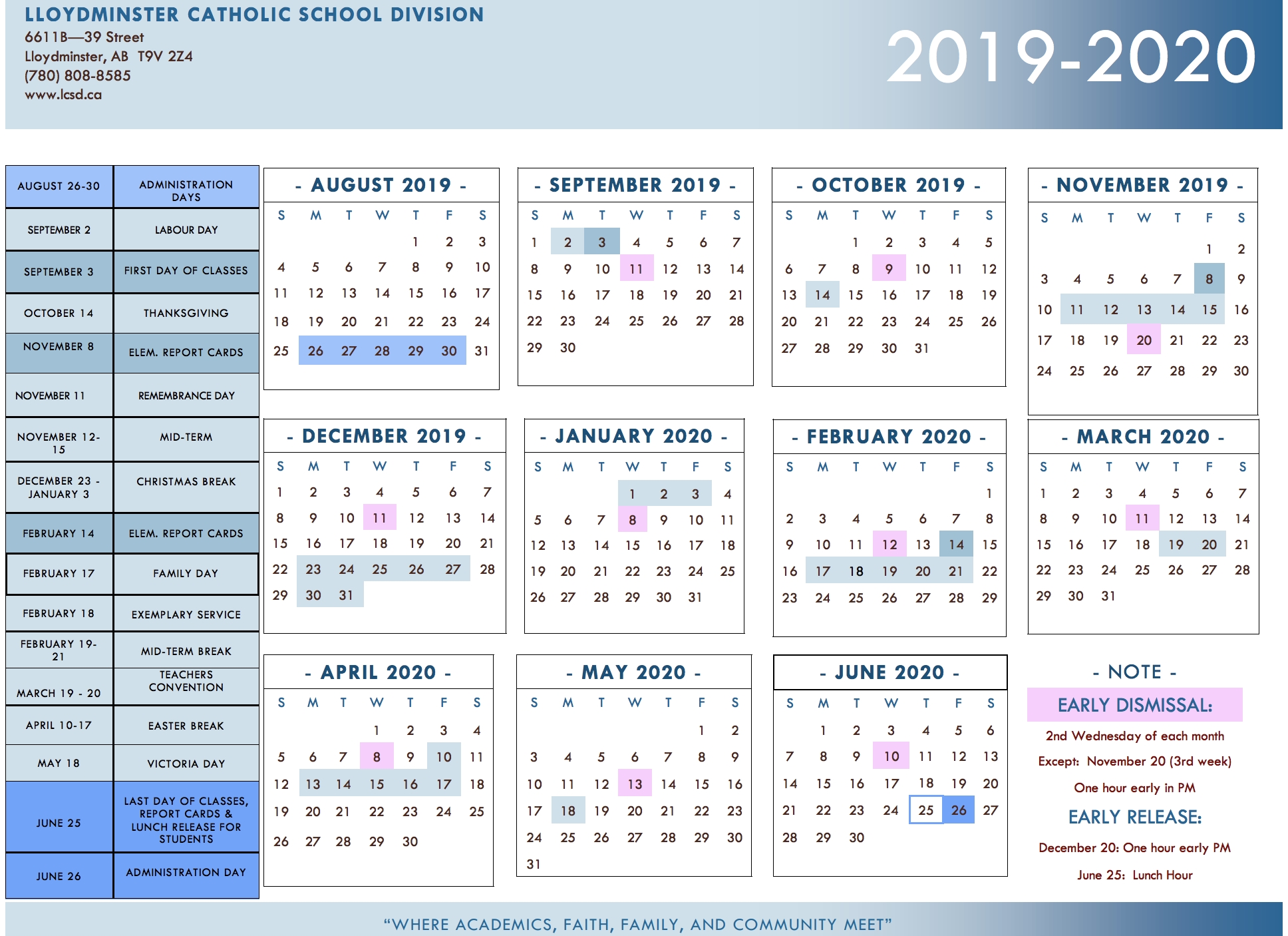 Division Calendar - Lloydminster Catholic School Division-America School Holidays 2020 Calendar