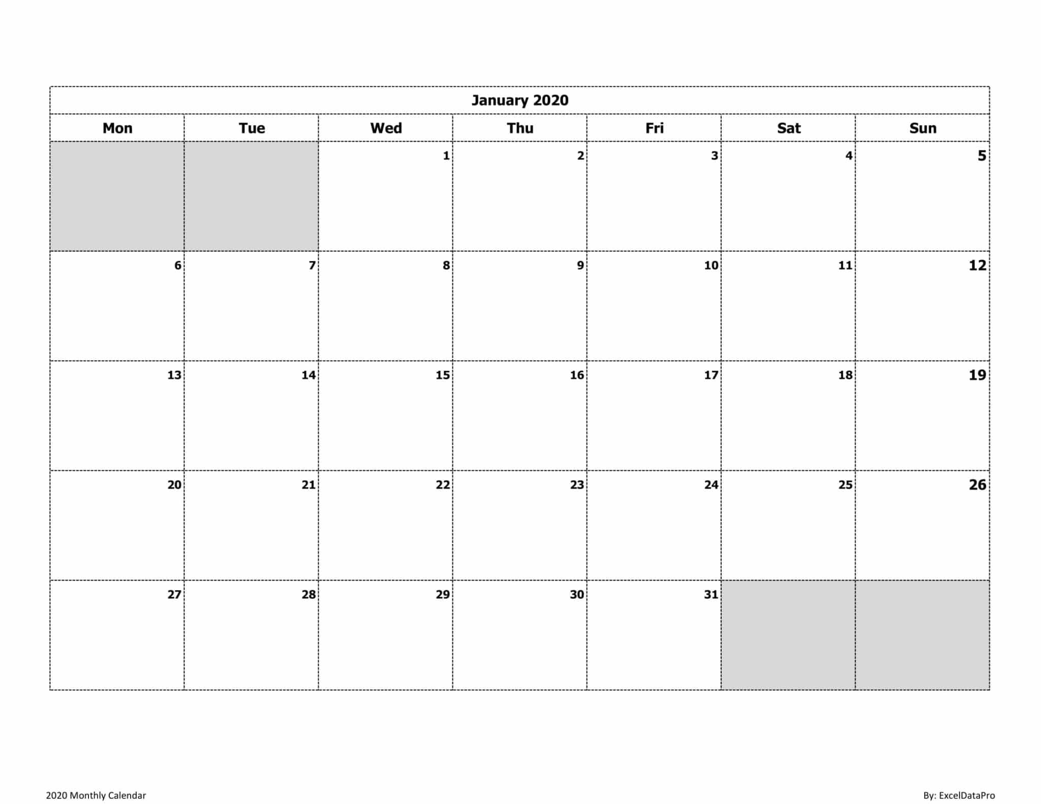 Download 2020 Monthly Calendar (Mon Start) Ink Saver Excel-Blank Calendar Template Starting With Monday