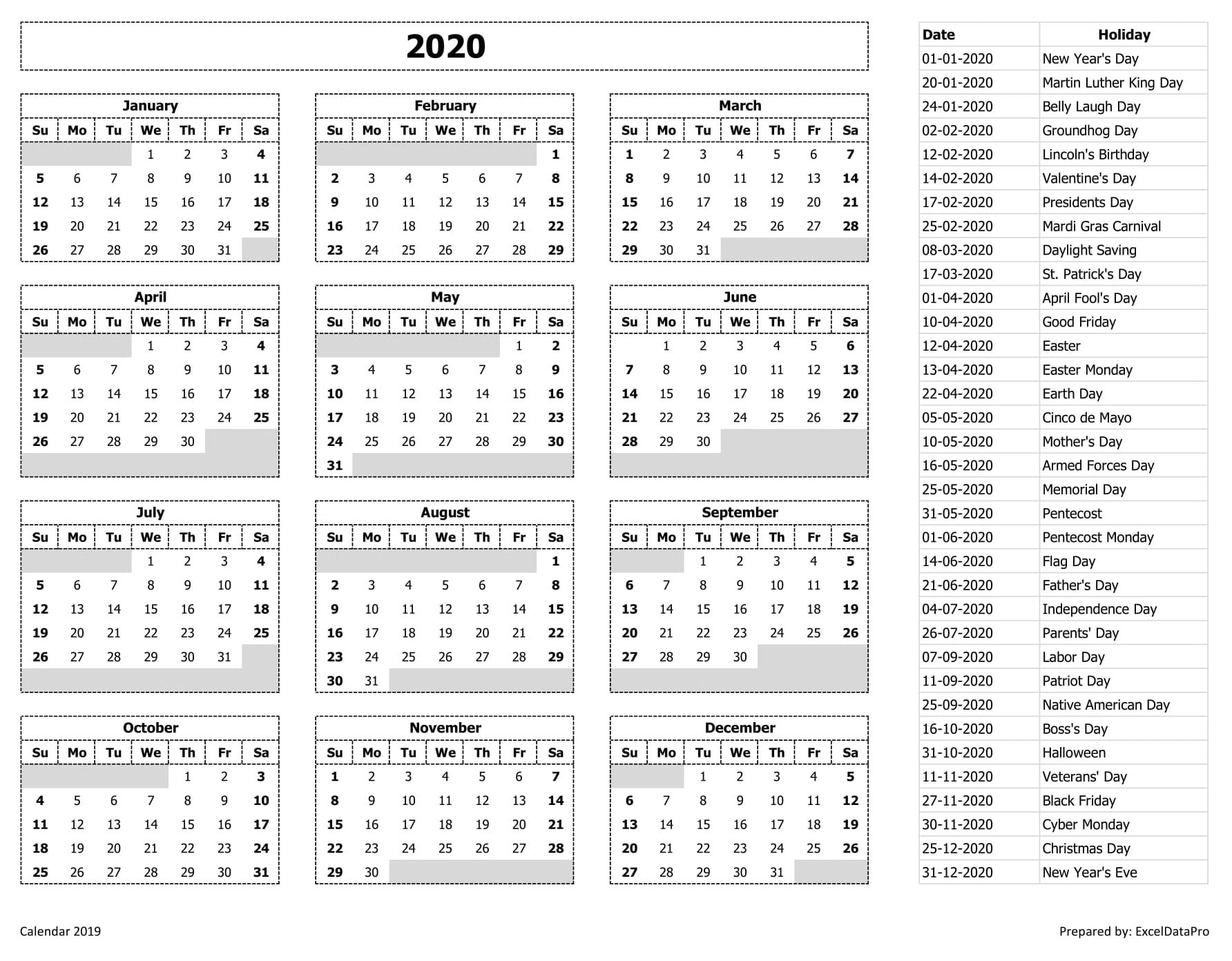 Download 2020 Yearly Calendar (Sun Start) Excel Template-Excel List Of Holidays 2020