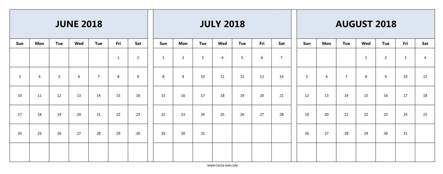 Download June July August 2018 Calendar Printable Free-Blamk Calendar Template July/august