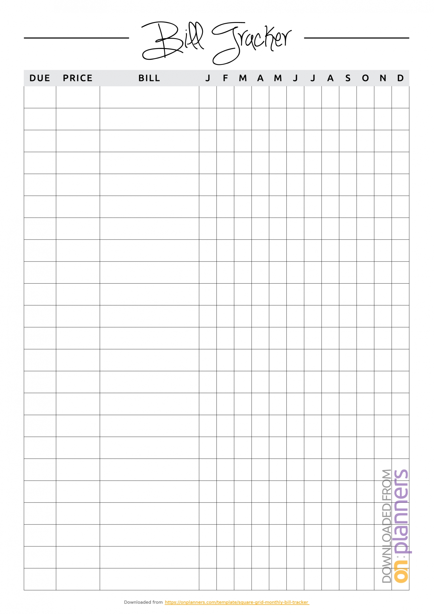 Download Printable Square Grid Monthly Bill Tracker Pdf-Blank Calendar To List Bills Due