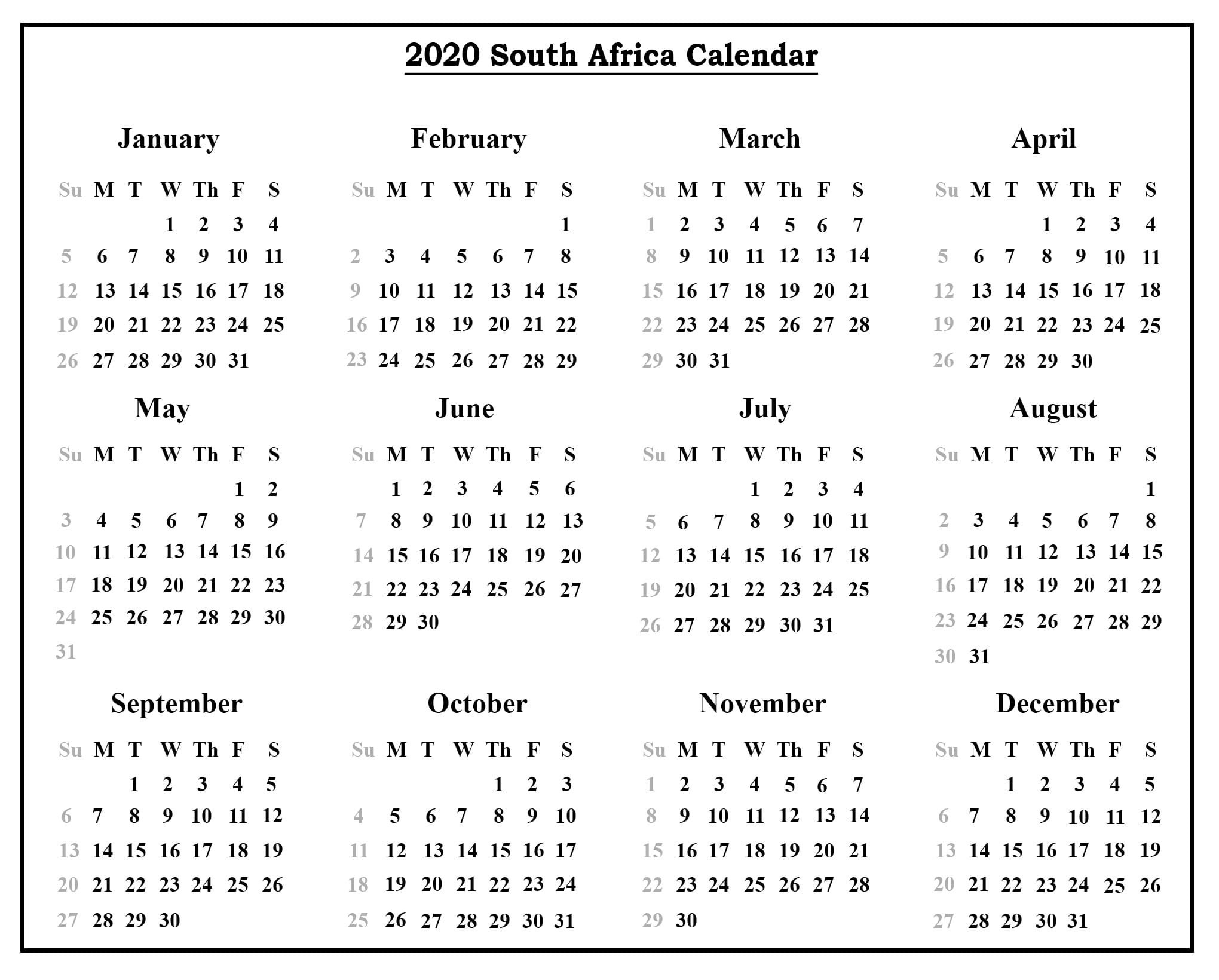 April Holidays 2020 In South Africa Calendar Template Printable