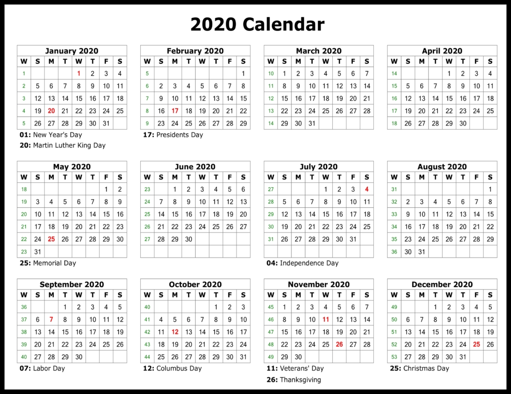 ❤️free Yearly 2020 Printable Calendar Templates [Pdf, Word-2020 Calendar With Holidays Listed