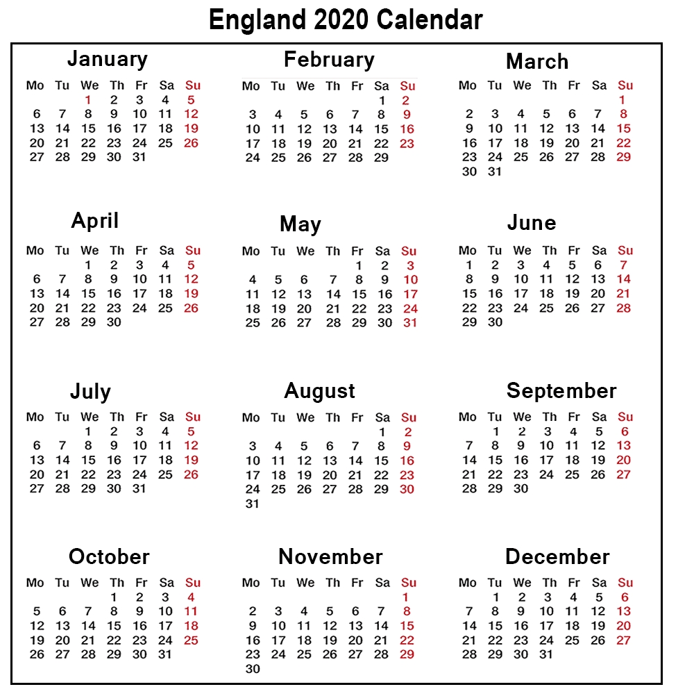 Printable Calendar 2020 With Bank Holidays 