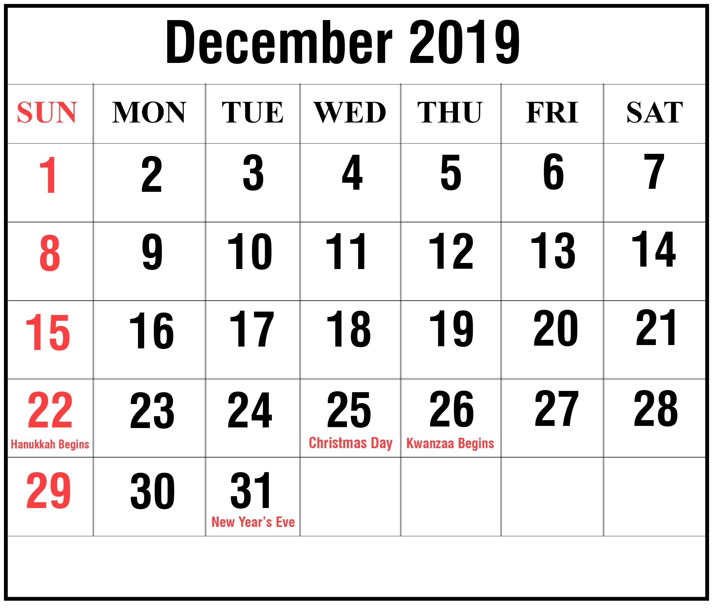 Editable December 2019 Calendar Blank Template | December-8 X 10 Prinable Blank Monthly Calendar