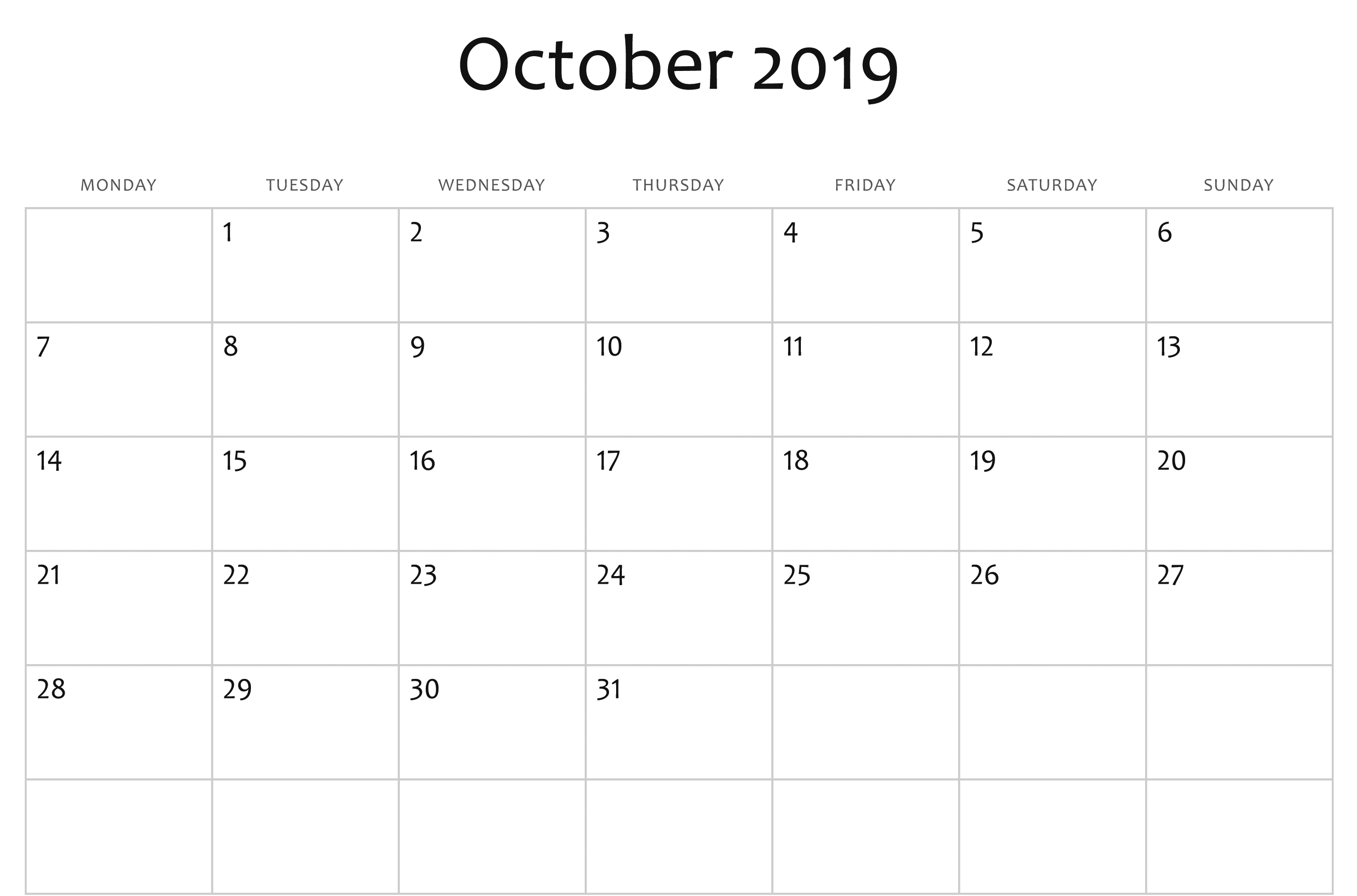 Editable October 2019 Calendar Printable Template-Calendar Template Fillable Pdf