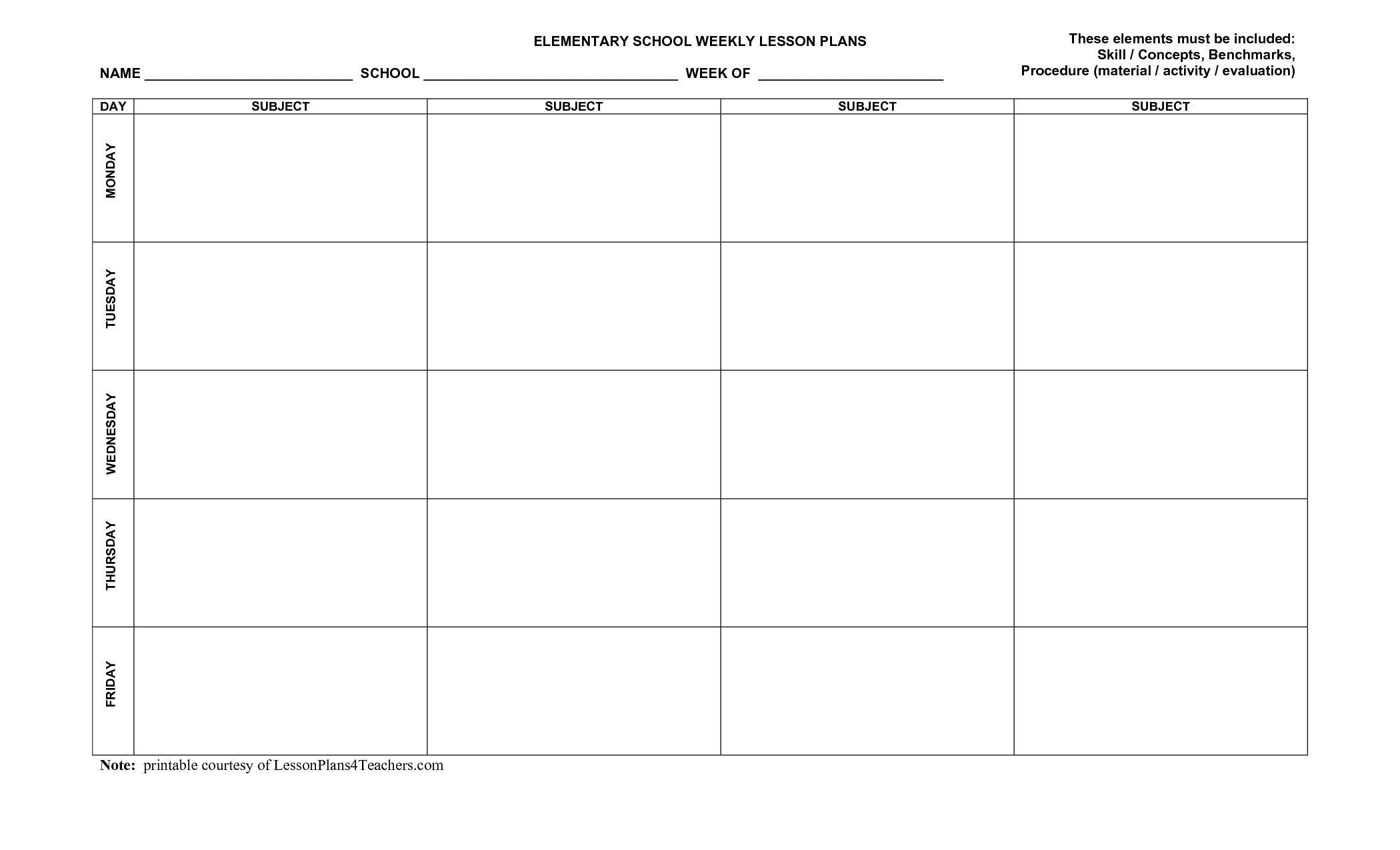 Elementary Lesson Plan Template | Weekly Elementary Lesson-Weekly Lesson Plan Calendar Template