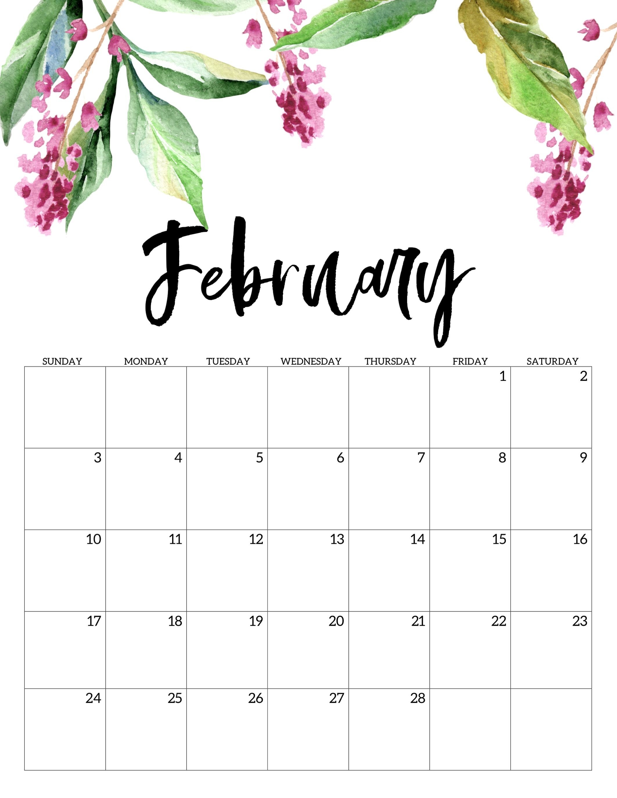 February 2019 Floral Cute Calendar #february-Template For Calendars With Flowers