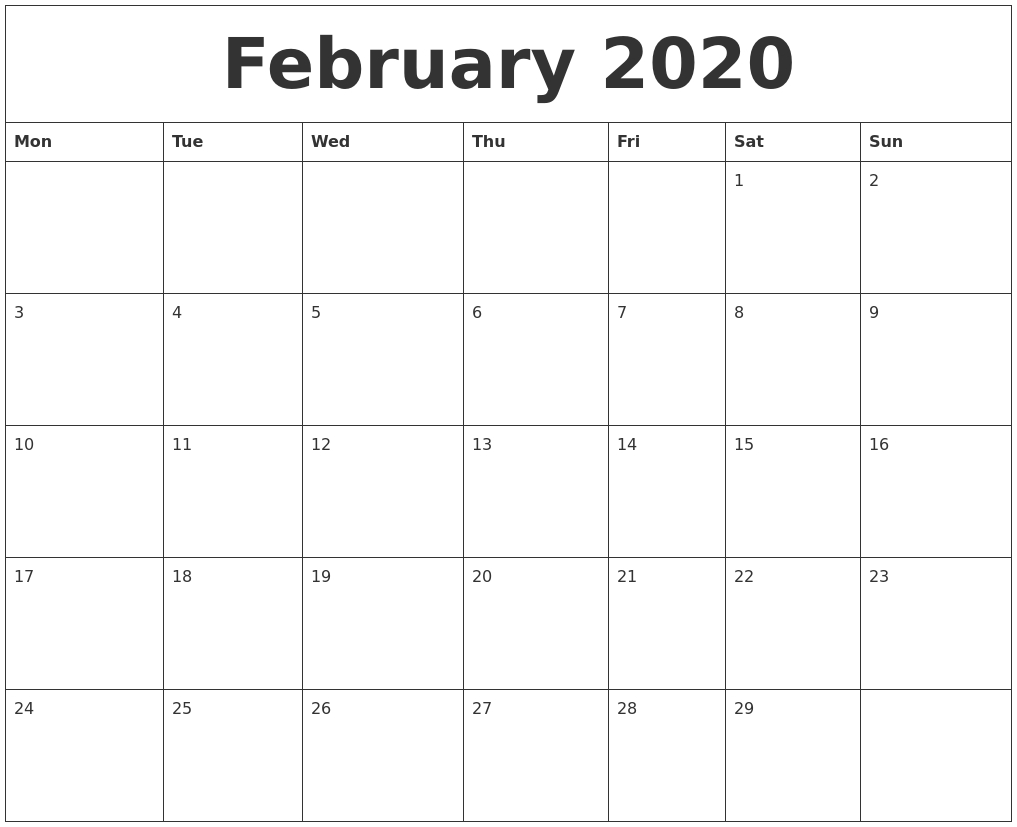 February 2020 Free Printable Calendar Templates-Monday Start Calendar Template