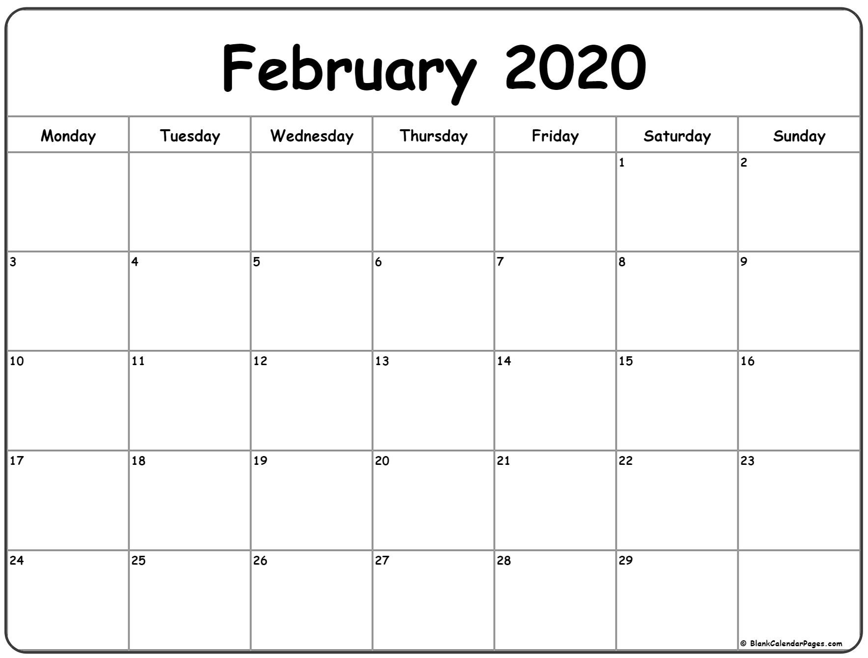 February 2020 Monday Calendar | Monday To Sunday-Monday To Sunday Monthly Planners