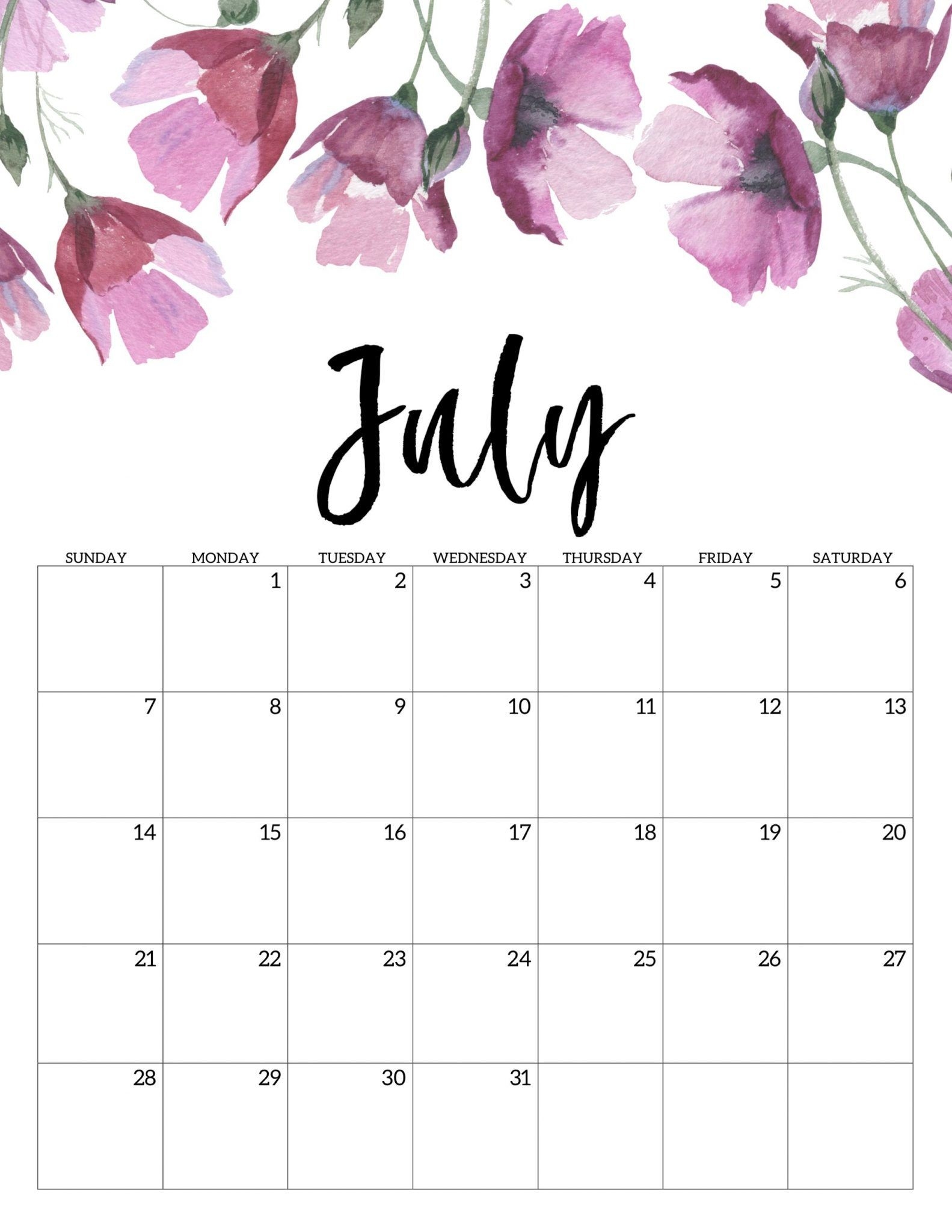 Floral Cute July Calendar 2019 | Free Printable Calendar-Template For Calendars With Flowers