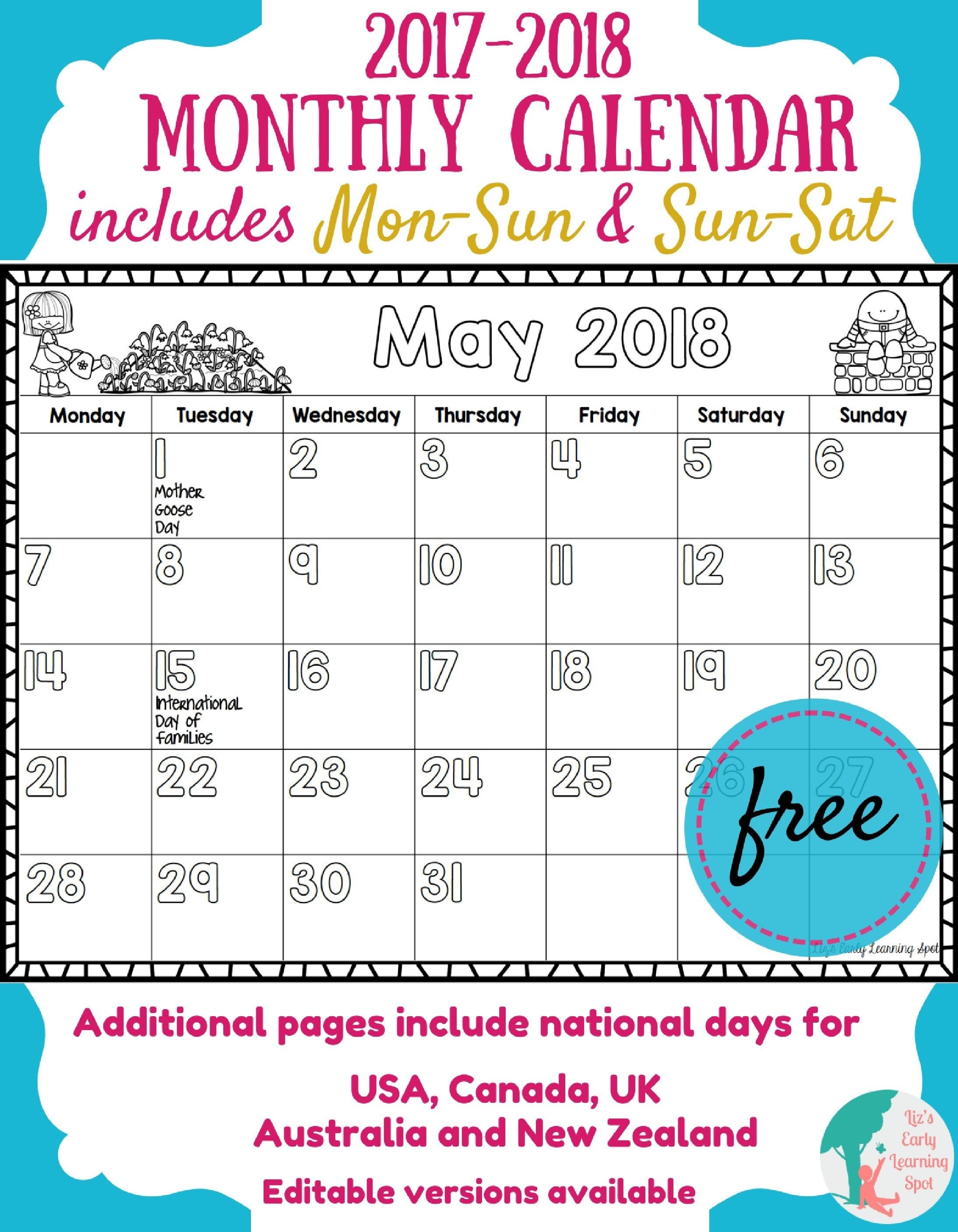 Free 2017-2018 Monthly Calendar For Kids | Kids Calendar-Blank Preschool Class Calendar