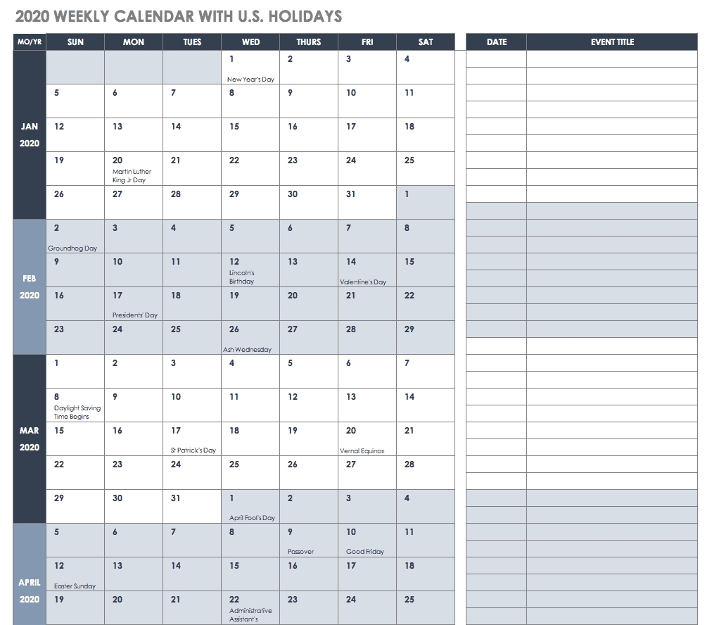 Free Blank Calendar Templates - Smartsheet-Printable Employee Vacation Calendar 2020 Template
