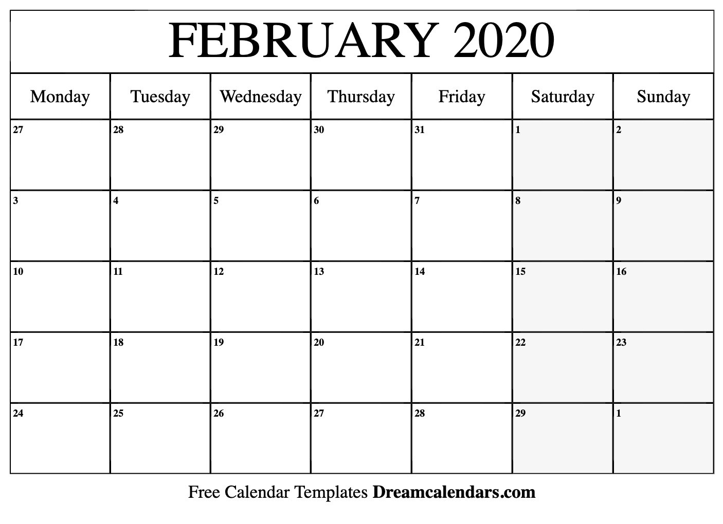 Free Blank February 2020 Printable Calendar-8 X 10 Prinable Blank Monthly Calendar