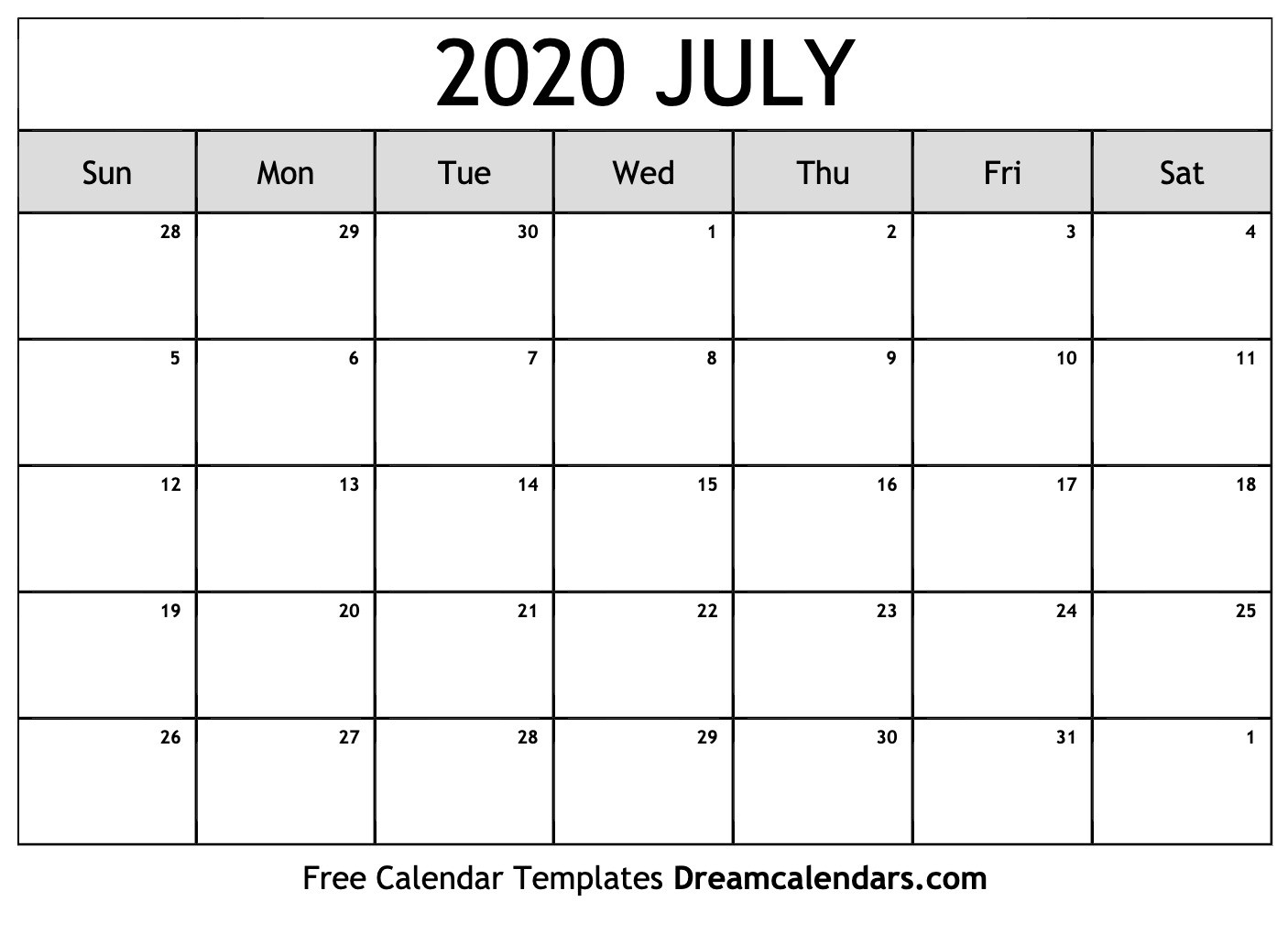 Free Blank July 2020 Printable Calendar-5 Day Calander Template July 2020