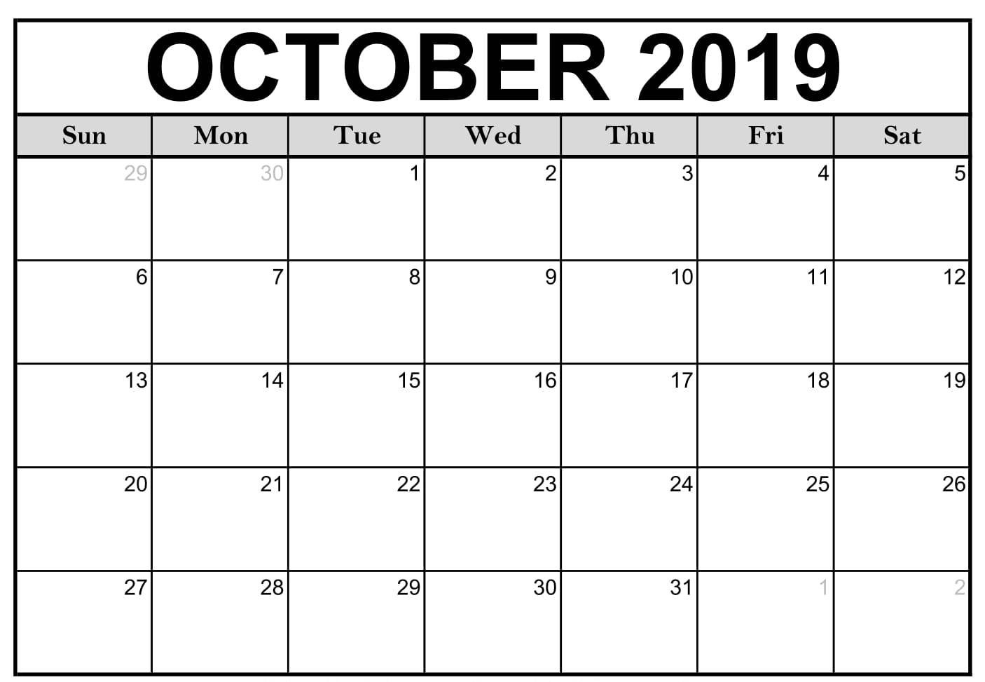 Free Fillable Calendar For October 2019 Printable Editable-Calendar Template Fillable Pdf