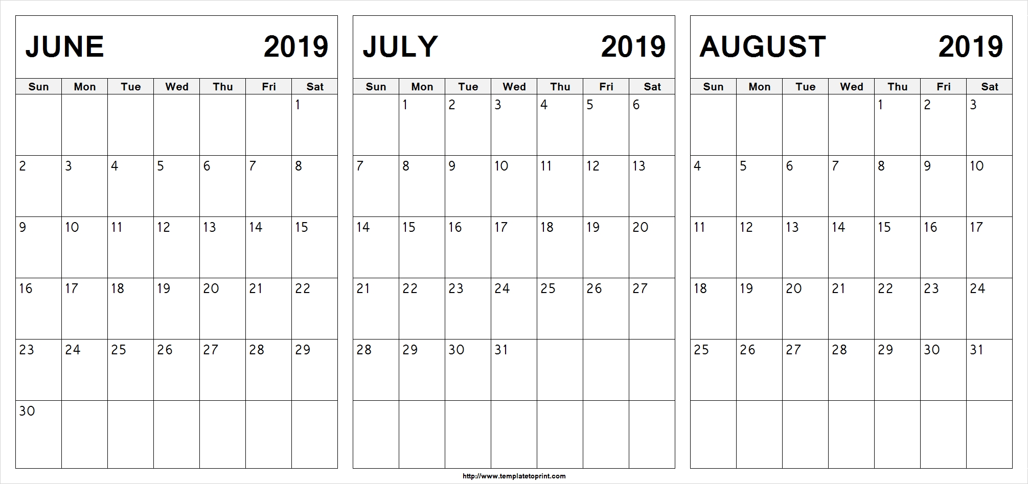 Free June July August 2019 Calendar (3 Months) Printable-Blamk Calendar Template July/august
