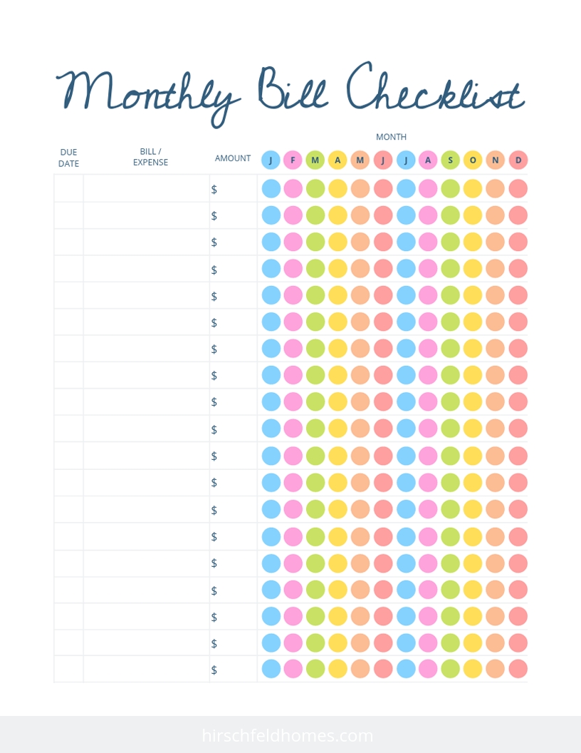 Free Monthly Bill Checklist | Hirschfeld Apartments-Monthly Bills List Printable