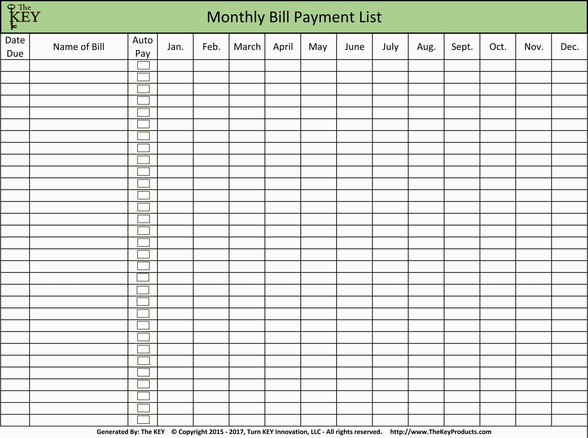 Free Printable Bill Payment Template - Calendar Inspiration-Monthly Bill List Printable